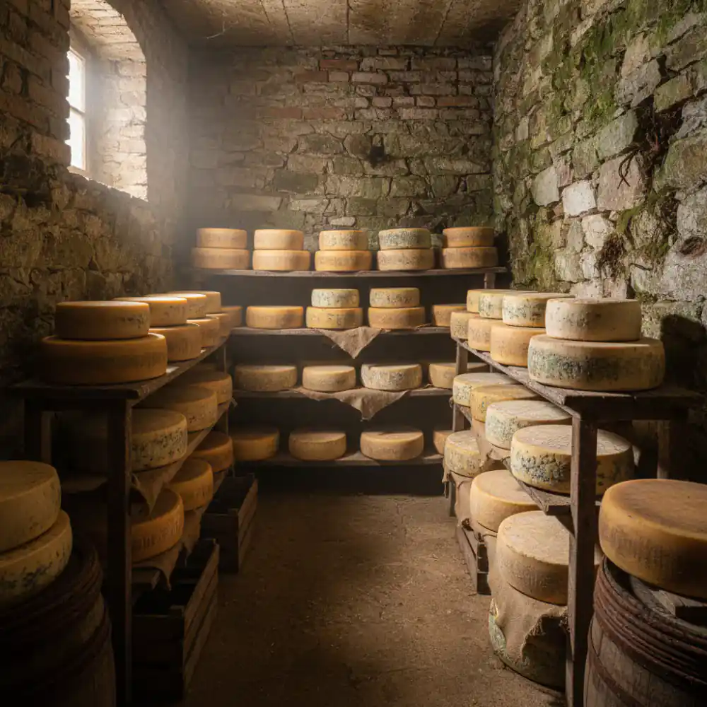 Cheese wheels aging in a rustic cellar