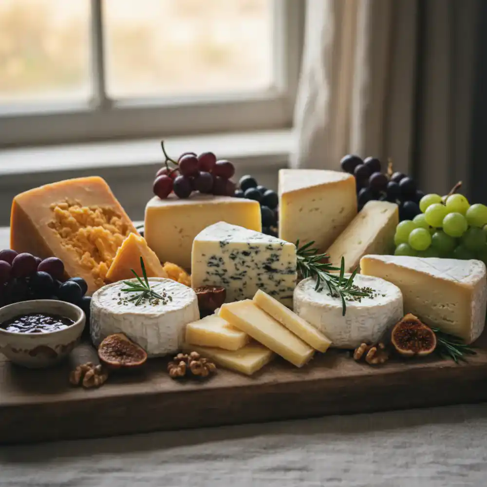 A rich assortment of artisan cheeses on a rustic board