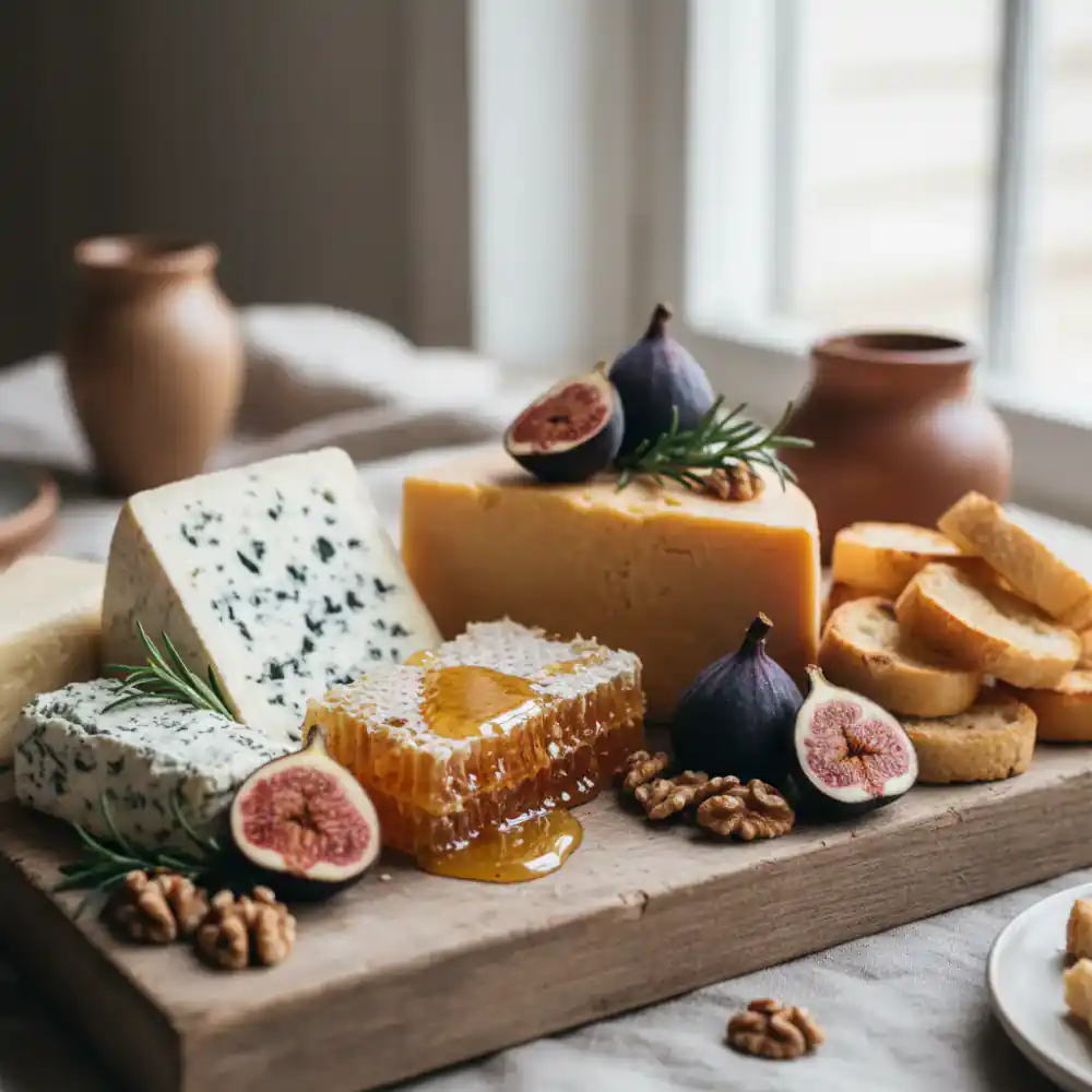 Close-up of artisan cheese board with figs and honeycomb
