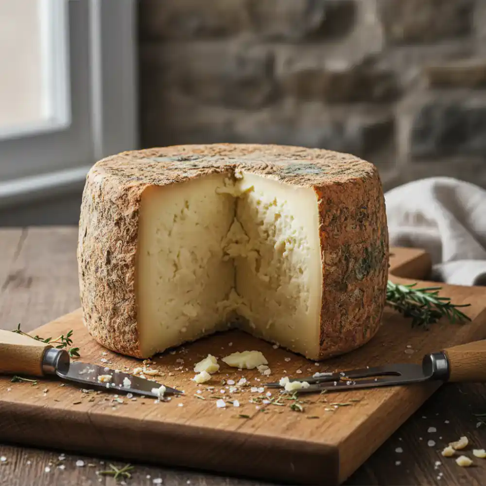 Aged cheese wheel cut open