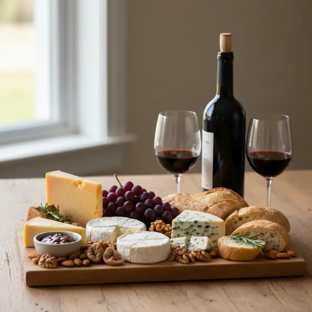Cheese board paired with red wine