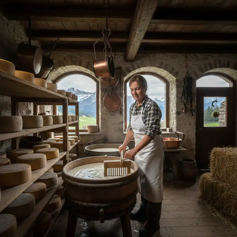 Cheesemaker in an alpine dairy room