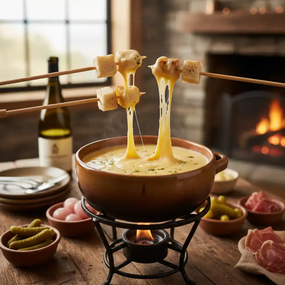 Pot of bubbling cheese fondue