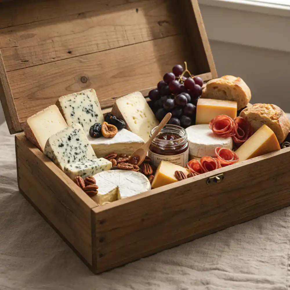 An open subscription box filled with cheese and accompaniments